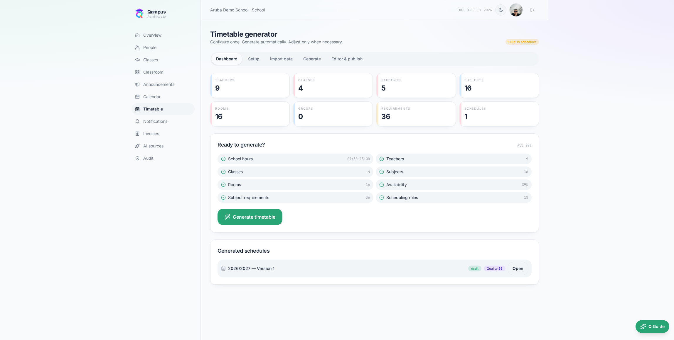 Qampus timetable dashboard with readiness checks, scheduling rules and generated schedules