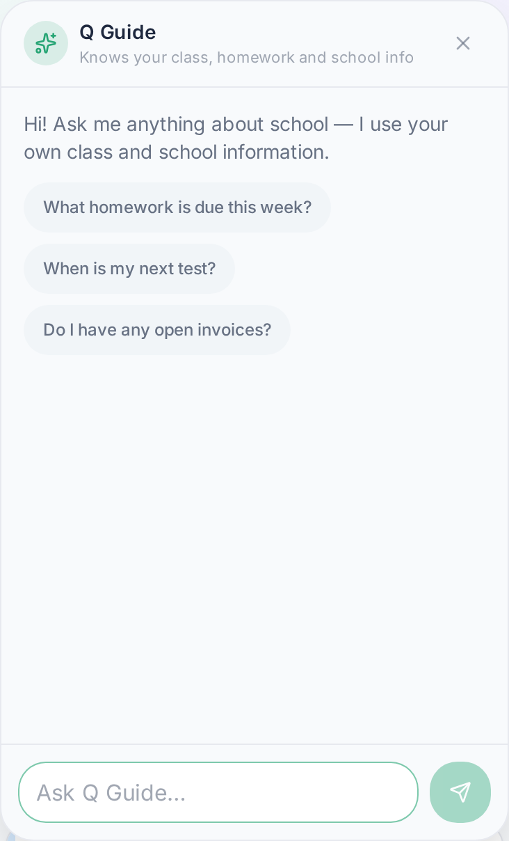 Q Guide assistant with suggested questions about homework, tests and invoices