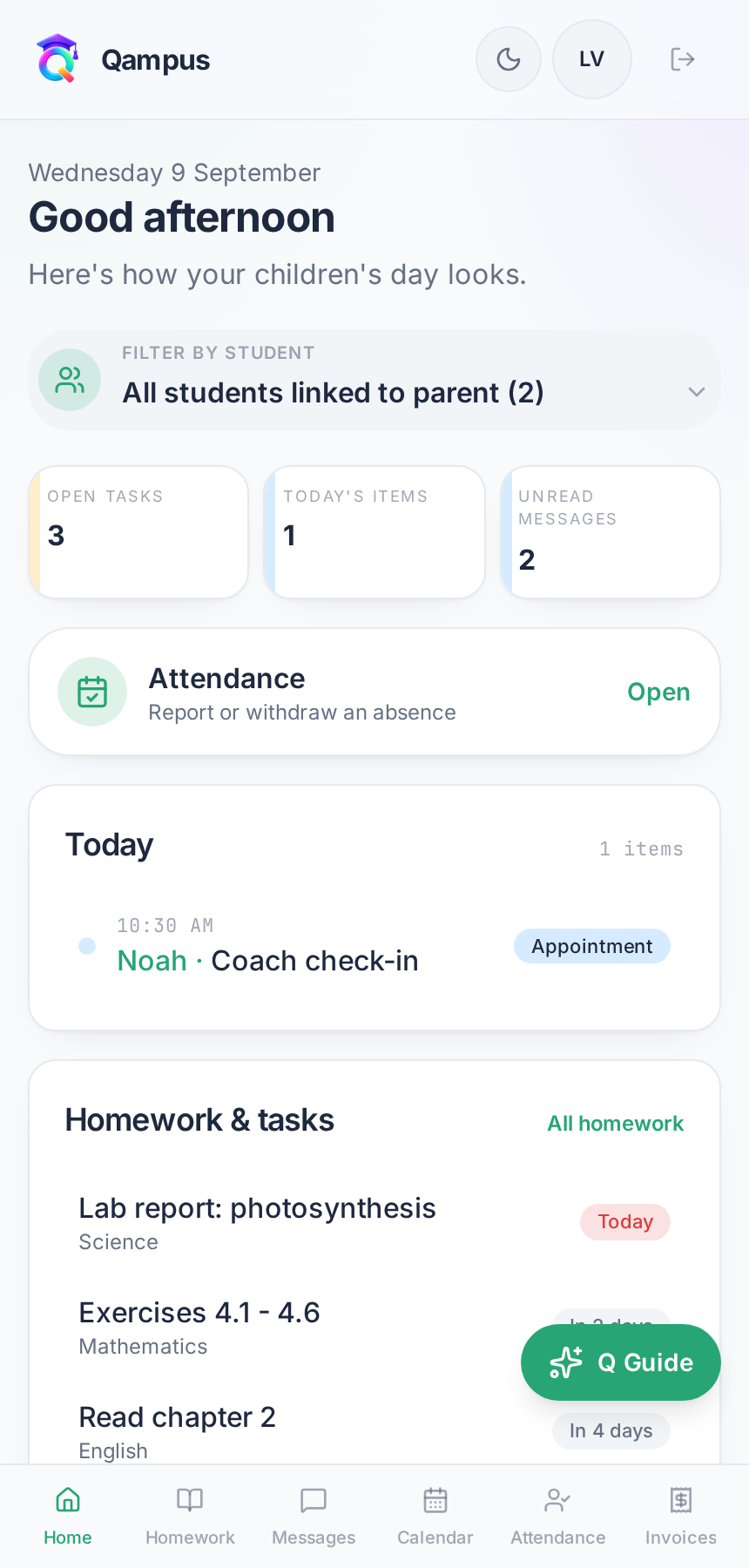 Qampus parent home screen for an account with two linked children, showing today's items, homework and attendance