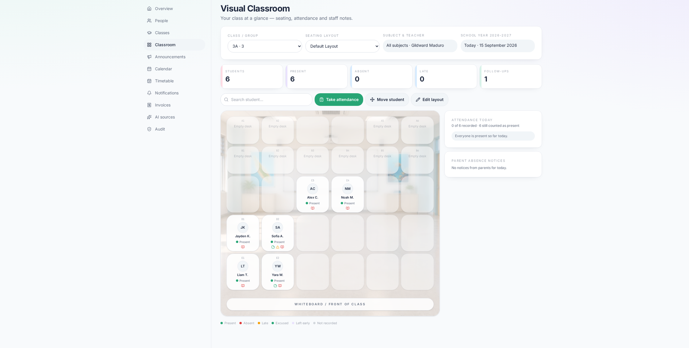 Qampus Visual Classroom with students seated over a real classroom background, attendance and follow-ups